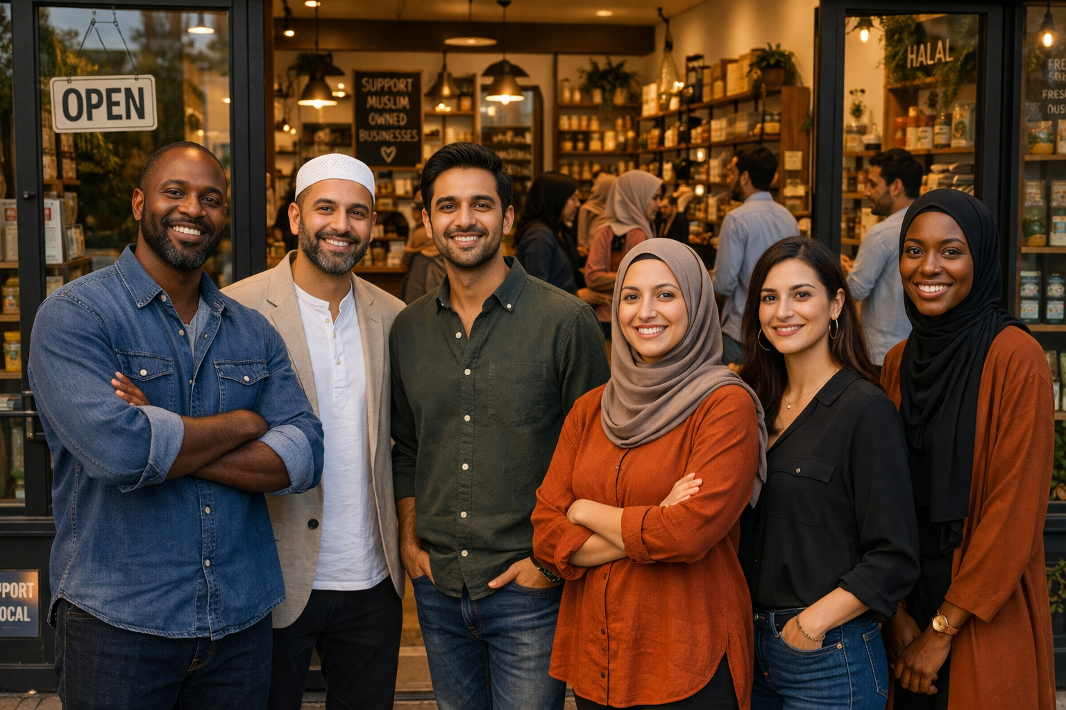 Smiling group at local cafe storefront (Business Subscriber page)